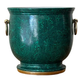 Enameled Painted Malachite Porcelain Planter With Brass Circa 1970 For Sale
