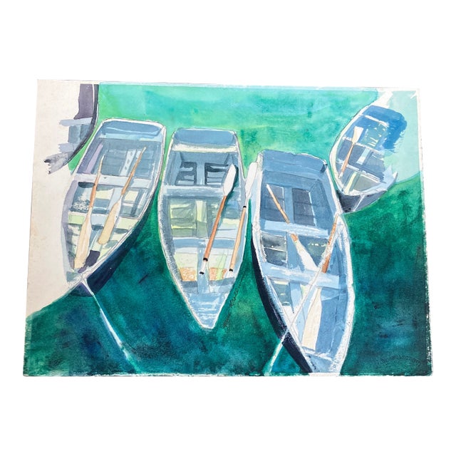 1980’s Original Row Boat Watercolor Painting Signed For Sale