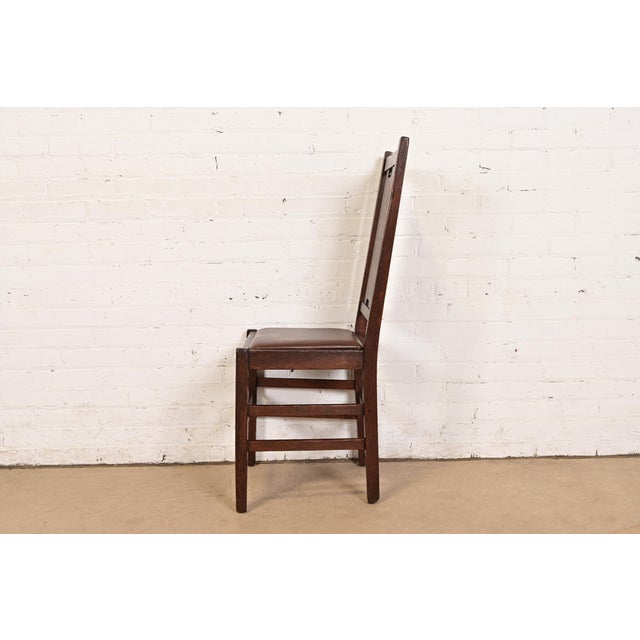 Brown Gustav Stickley Antique Mission Oak Arts & Crafts H-Back Dining Chairs With Leather Seats, Newly Restored For Sale - Image 8 of 11