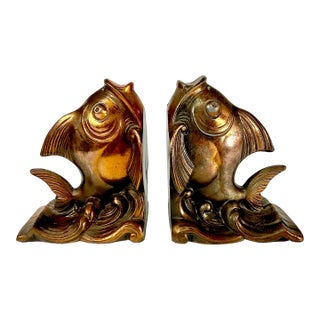 1970s Vintage Coastal Boho Chic Copper Over Cast Metal Koi Fish Bookends - A Pair For Sale
