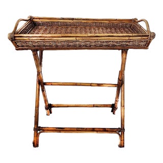 Vintage Palm Beach Chic Oversized Bamboo Folding Butler's Tray Cocktail Table With Rope Detail For Sale