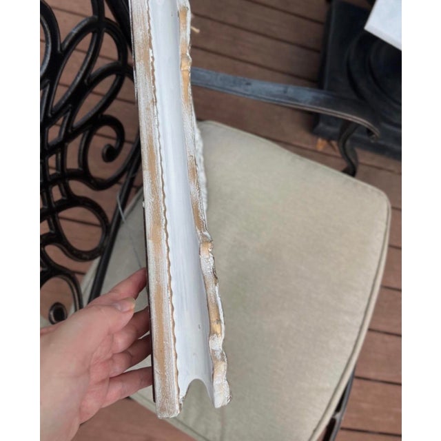 French Country Wall Mirror Features a Heavily Distressed White Frame With Gold Trim For Sale - Image 10 of 15