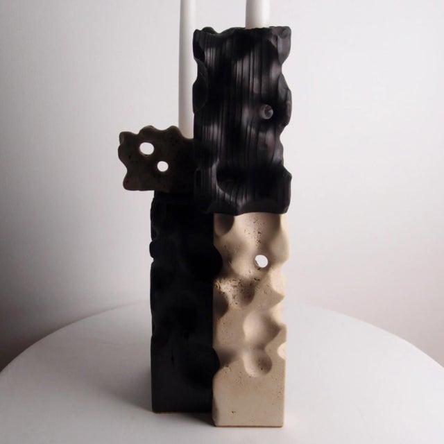 Brutalist Wood and Stone Candle Holder - Holey Tower Candle Holder | Melting Series by Gabor Gobi For Sale - Image 9 of 13