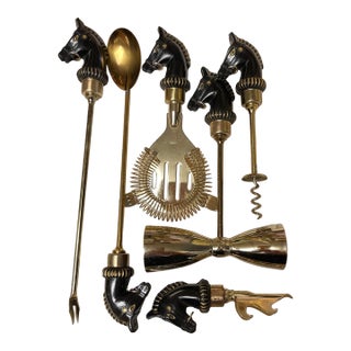 50s/60s Fathers Brass Hermes-Style Horse Head Barware Set- 6 Pieces For Sale