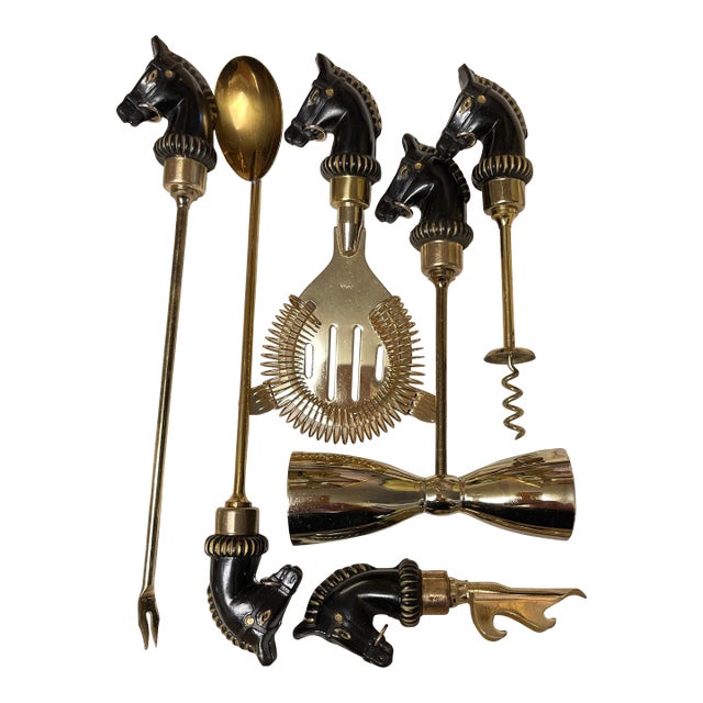50s/60s Fathers Brass Hermes-Style Horse Head Barware Set- 6 Pieces For Sale