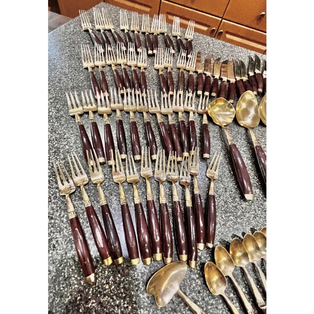 Vintage Siam Thai Flatware and Cutlery Set | Brass + Rosewood For Sale - Image 9 of 11