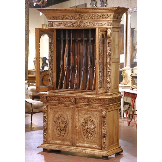 19th Century French Bleached Oak Nine-Gun Cabinet With Hunt Carvings For Sale - Image 4 of 12