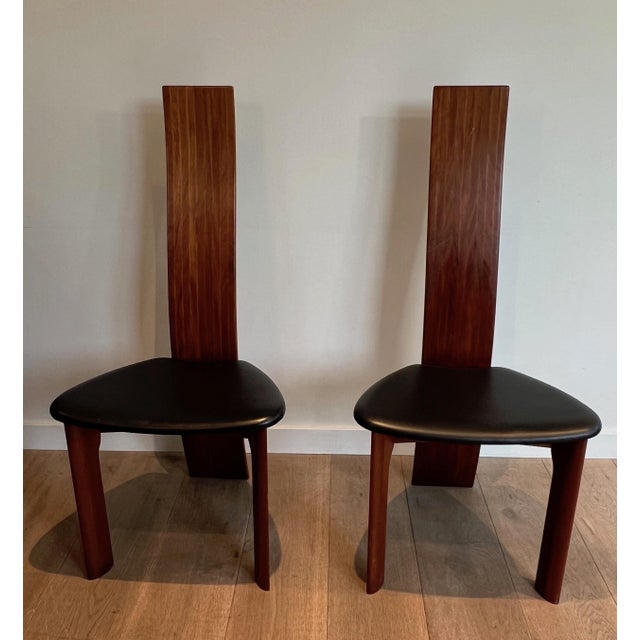 Circa 1970 Scandinavian Chairs in Exotic Wood and Black Leather- a Pair For Sale - Image 4 of 12