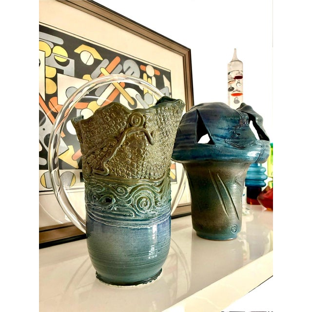 1970s Signed 1970s Blue Hand Build Coil Mid Century Stoneware Vase / 70s Organic Art Vessel /Modernist Ceramic Art Studio Pottery For Sale - Image 5 of 9