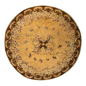 1880s Beige Ground Floral Folk Art Antique Flatweave American Hooked Round Rug