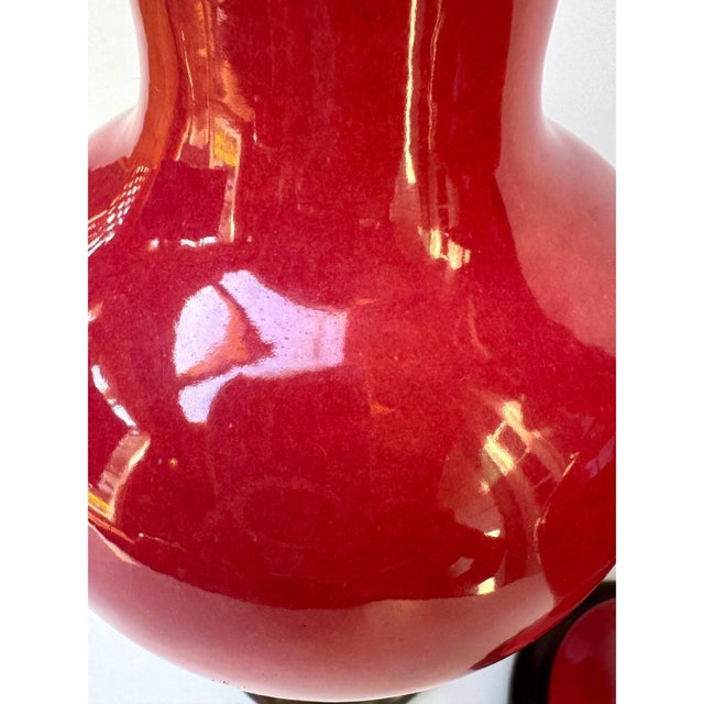 Mid 20th Century Pair of Vintage Oxblood Red Glazed Ceramic Table Lamps With Brass Hardware For Sale - Image 5 of 11