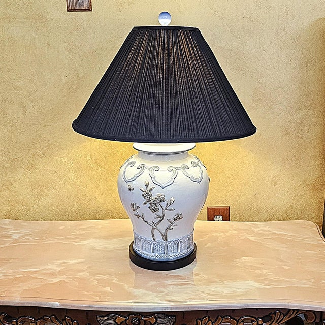 Chinoiserie Late 20th Century Chinese Chinoiserie Porcelain Table Lamp With Relief Floral Motif & Black Shade, 30"h For Sale - Image 3 of 18