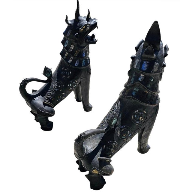 1950s Large Jeweled Burmese Bronze Chinthe Guardian Lion Foo Dogs, 2 Pieces For Sale - Image 9 of 17