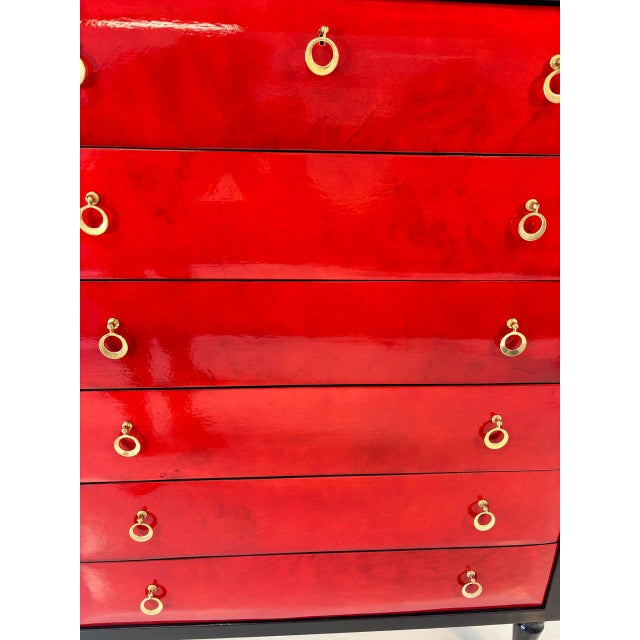 Black Art Deco Italian Chest of Drawers in Cherry Red Parchment and Black Lacquer, 1950s For Sale - Image 8 of 13