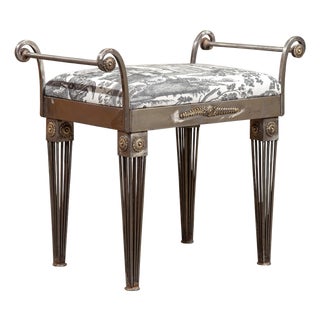 French 1930s Steel Bench with Out-Scrolling Arms, Tapered Legs and Toile Fabric For Sale