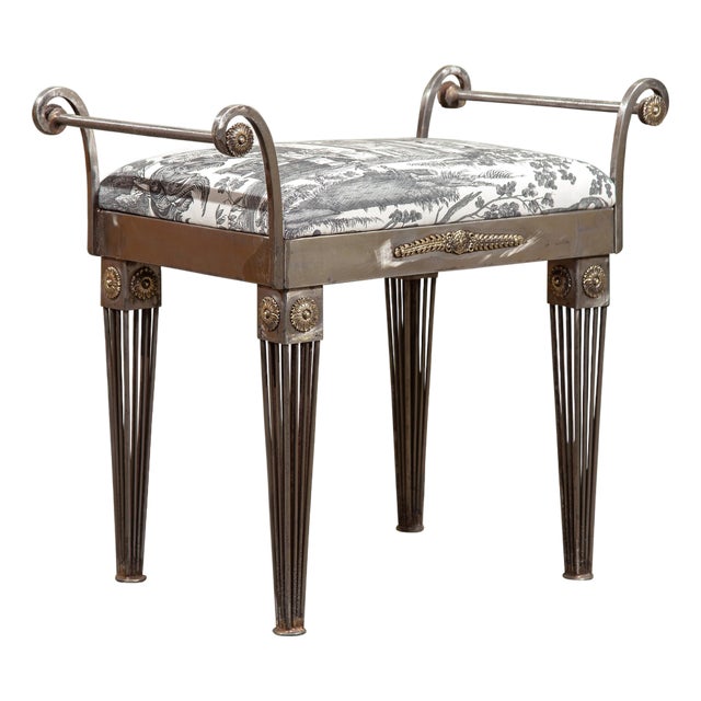 French 1930s Steel Bench with Out-Scrolling Arms, Tapered Legs and Toile Fabric For Sale