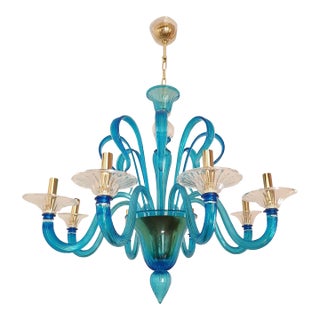 1980s Venini Style Blue Murano Glass Neoclassical Chandelier For Sale