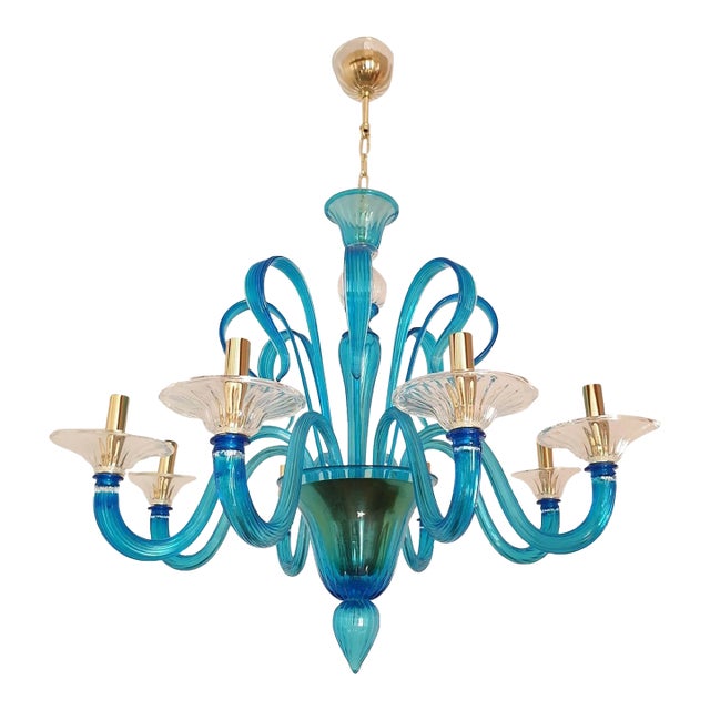 1980s Venini Style Blue Murano Glass Neoclassical Chandelier For Sale