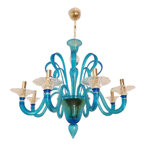 1980s Venini Style Blue Murano Glass Neoclassical Chandelier