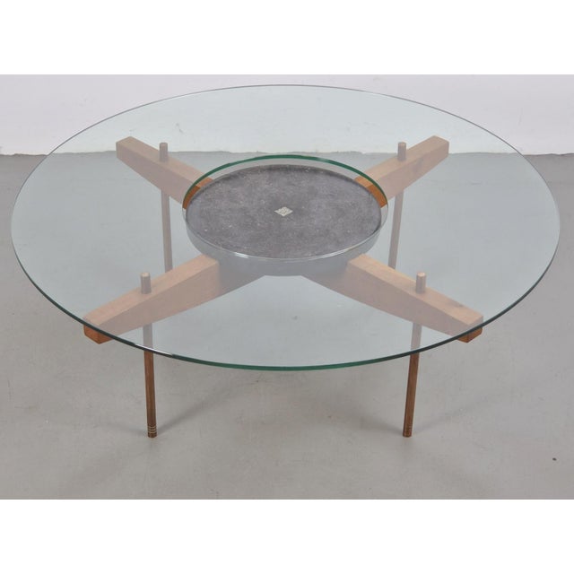 Round Glass Coffee Table with Wood X-Base, 1970 For Sale - Image 14 of 17