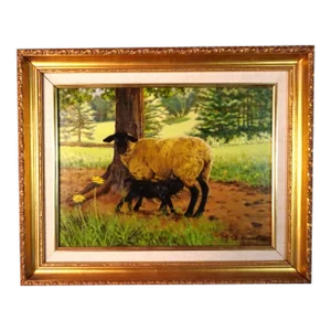 2005 "Ewe and Lamb", Oil Painting on Masonite by Sandra Eames, Framed