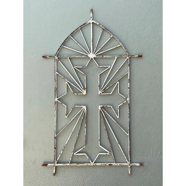 Vintage Architectural Element Metal Cross Window Grate For Sale - Image 9 of 12