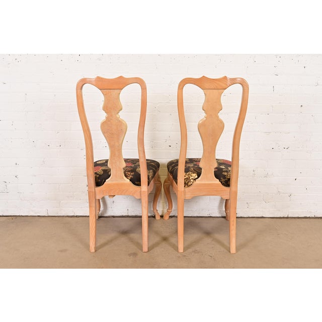 Drexel Heritage Queen Anne Carved Oak and Burl Wood Side Chairs or Dining Chairs, Pair For Sale - Image 9 of 11