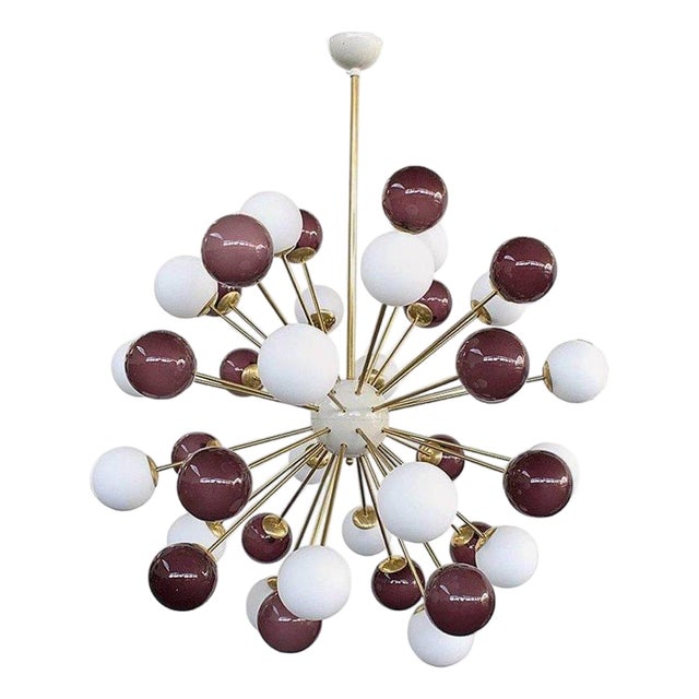 21st Century Nova Polished Brass Mixed Amethyst White Murano Sputnik Chandelier by Fabio LTD For Sale