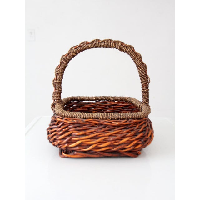 Late 20th Century Vintage Woven Willow Basket With Wrapped Arched Handle For Sale - Image 5 of 14