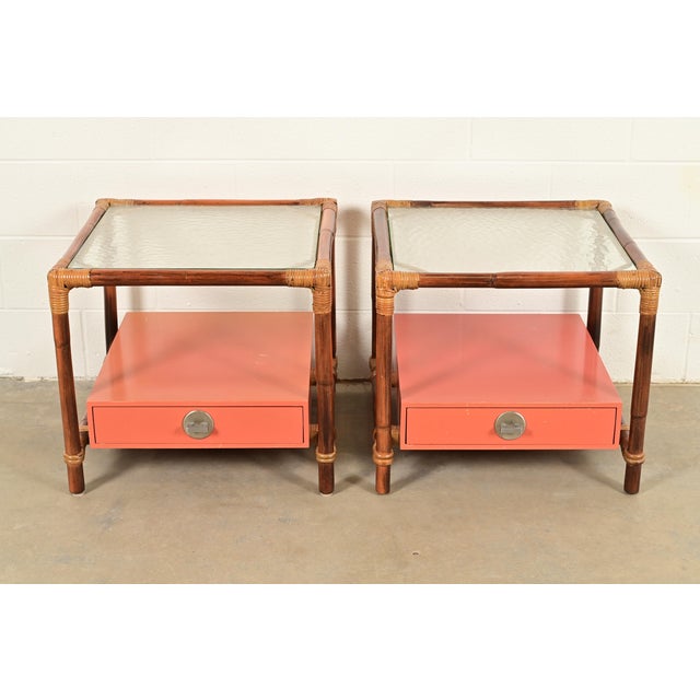 A gorgeous pair of mid-century Hollywood Regency Organic Modern side tables or nightstands By John Wisner for Ficks Reed,...