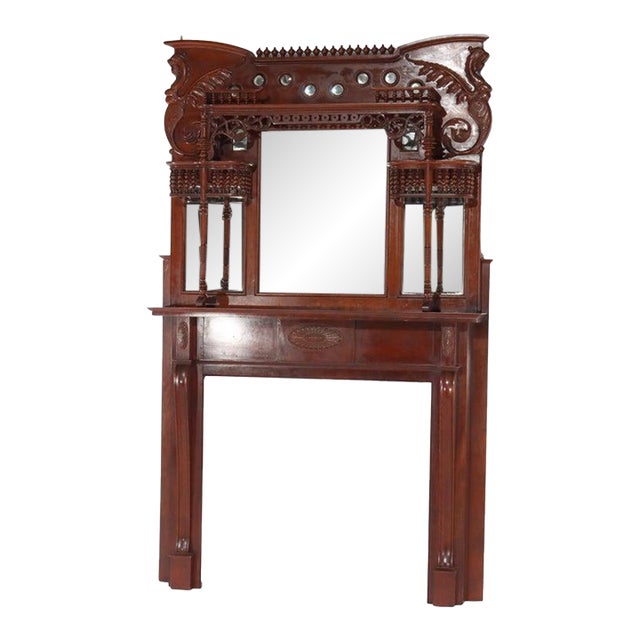 Horner School Figural Carved Cherry Stick & Ball Mirrored Fireplace Mantel C1900 For Sale