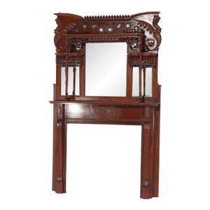 Horner School Figural Carved Cherry Stick & Ball Mirrored Fireplace Mantel C1900