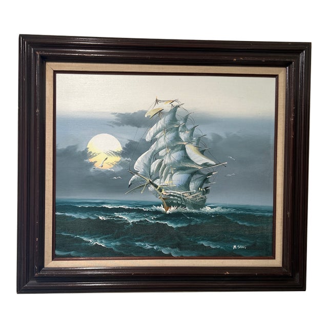 Original Oil Painting of a Tall Ship at Sea Signed by H