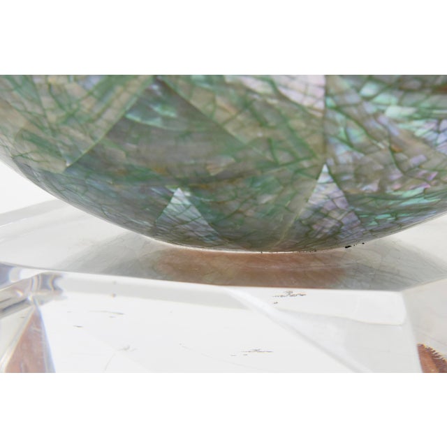 Vintage Mother of Pearl Over Wood Sphere Orb Sculpture on Lucite Base For Sale - Image 9 of 10