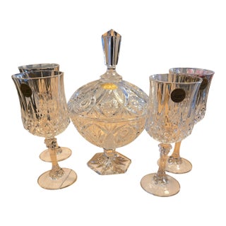 1960s Long Stem 24% Lead Crystal Champagne Glasses With Candy Dish - Set of 5 For Sale