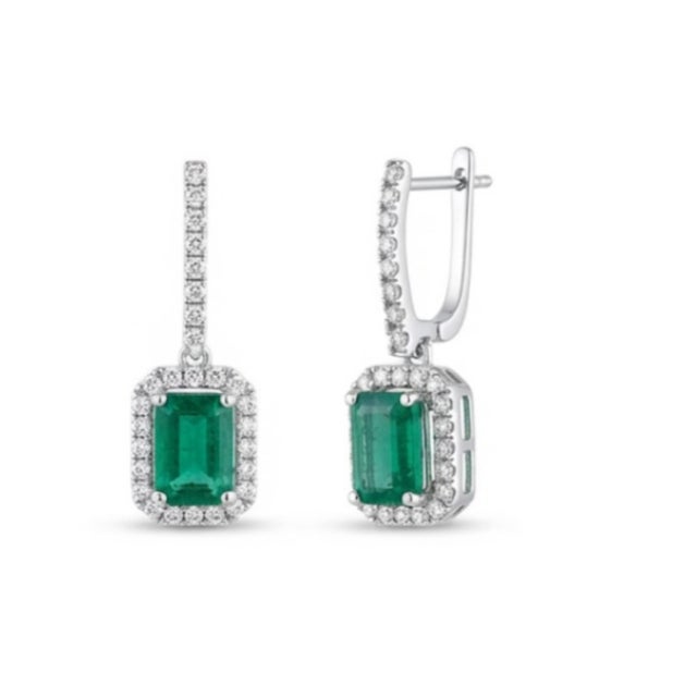 Natural 1.90cts Emerald & 0.72cts Diamond Earring in 14k White Gold For Sale - Image 4 of 8