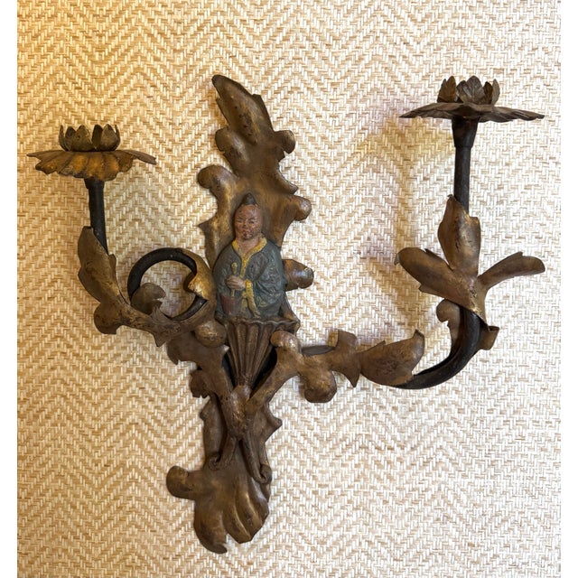 Chinoiserie Pair of Vintage Chinoiserie Figural Gilt Metal Candle Wall Sconces For Sale - Image 3 of 12