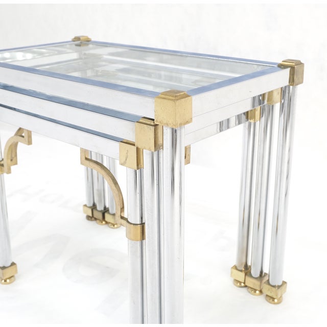 Transparent Set of 3 Chrome & Brass Glass Tops End Nesting Side Lamp Tables MINT For Sale - Image 8 of 15