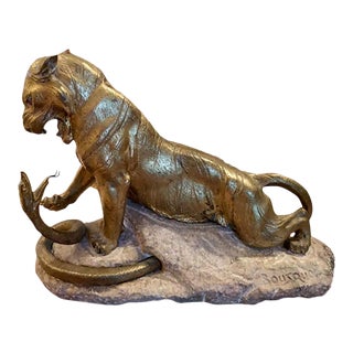 Early 20th Century French Bronze Tiger Sculpture on Marble Base For Sale