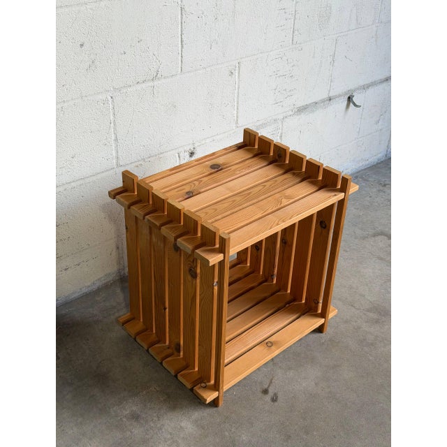 Wood Pine Slatted Open Cube Storage Side Table Swedish Mid-Century Modern 1970s For Sale - Image 7 of 12