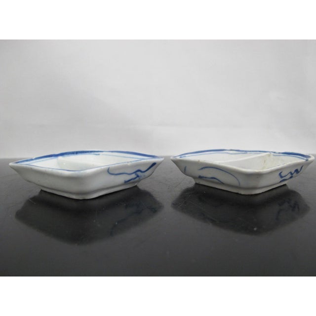 Chinese Blue and White Porcelain Divided Sushi Condiment Sauce Dish Tray Pair For Sale - Image 4 of 11