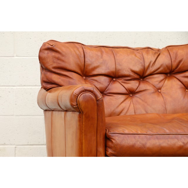 Wood Vintage 1970s Honey Tan Leather Sofa | Tufted Feather Cushion Sofa, American Mid-Century Lounge Seating For Sale - Image 7 of 18