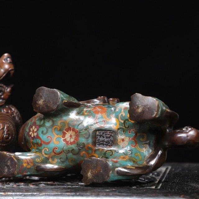 Turquoise Pair of Chinese Cloisonné Enamel Pixiu Statues For Sale - Image 8 of 9