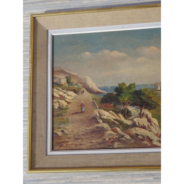 Antique painting, mid-19th century. 19th-century Provençal landscape: sea, calanque path, Aleppo pine. Realistic depiction...