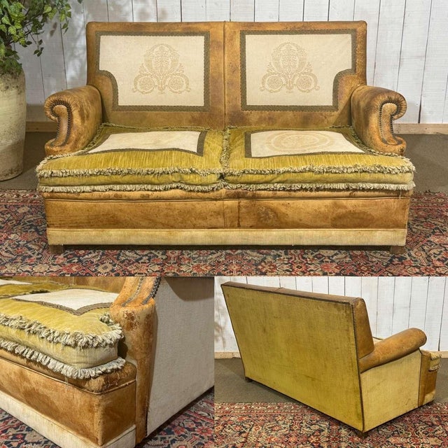 1930s Club sofa in leather and fabric - W=1.50m D=80cm H=80cm HA=40cm