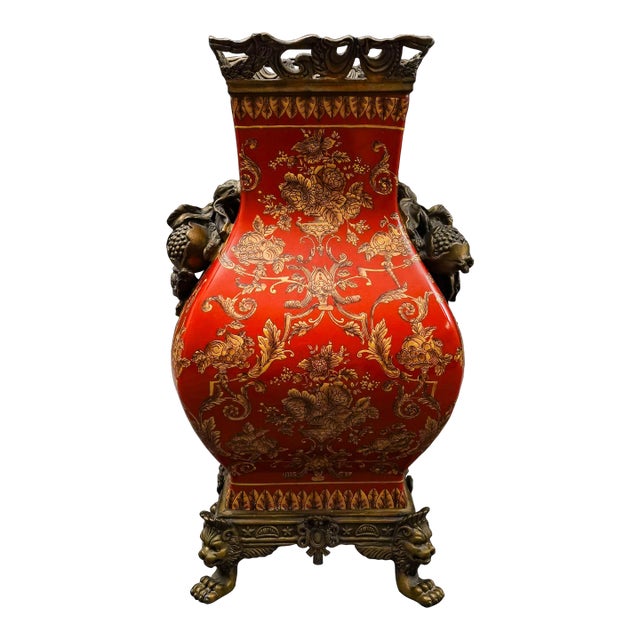 Mid 20th Century Mark Roberts Floral Porcelain & Bronze Footed Vase For Sale