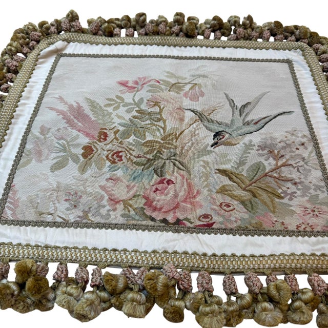 French Silk Tapestry Cushion Cover With Floral & Bird Motif, Ivory & Sage, 18" X 22" For Sale - Image 3 of 5