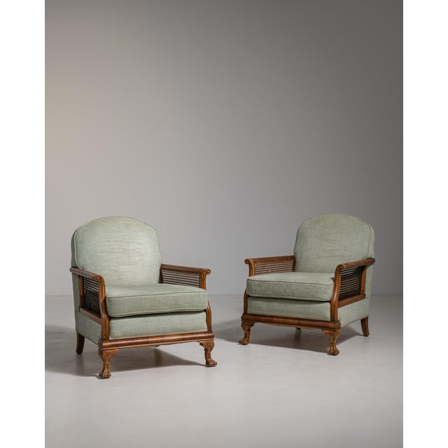 French Mid 20th Century Pair of Eclectic Upholstered Armchairs with Rattan Accents For Sale - Image 3 of 13