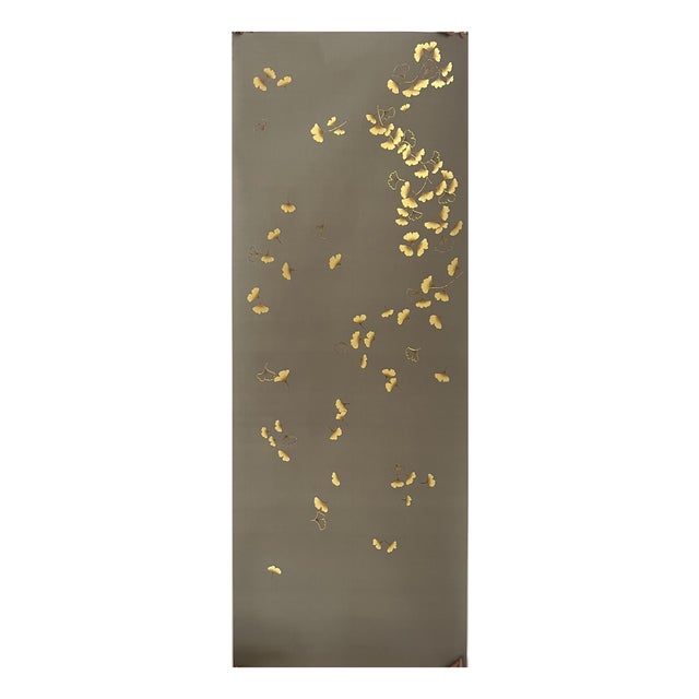 Grey & Gold Hand-Painted Ginkgo Leaf Mural | Luxury Silk Wall Decor For Sale