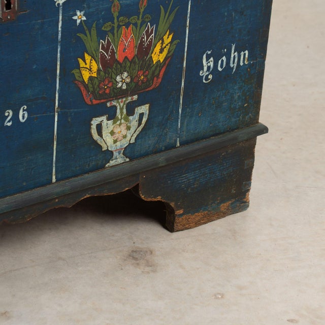 1926 Original Blue Hand-Painted Pine Flat Top Trunk For Sale - Image 14 of 15